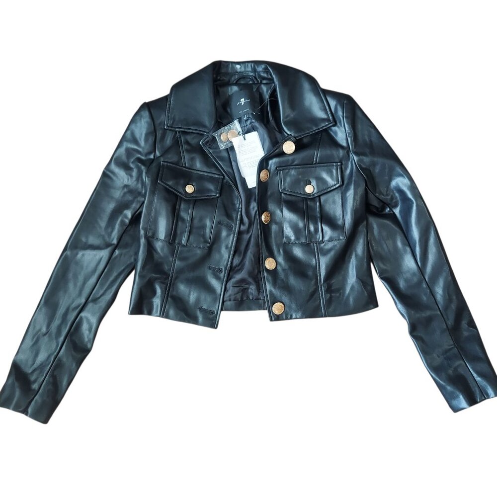 7 For All Mankind Faux Leather Gold Button Up Crop Jacket